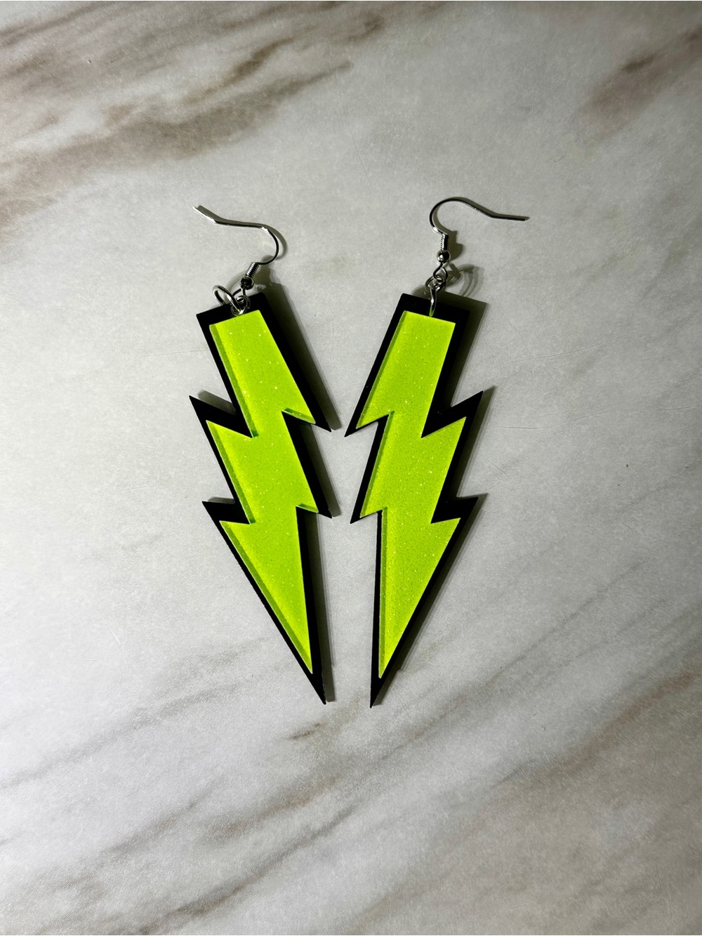 Neon Green Lightning Bolt Earrings - Sparkle Accent